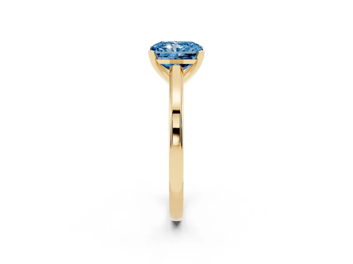 Fancy Blue Radiant Cut Solitaire Diamond Ring with Four-Prong Setting and Classic Band Yellow gold