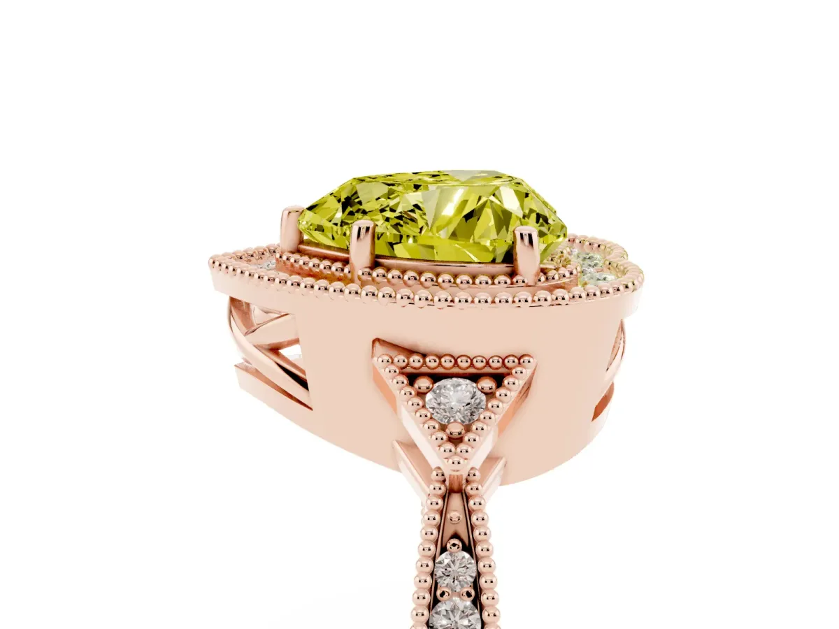 Fancy Yellow Heart Cut Halo Round Diamond Milgrain Pave Engagement Ring Rose gold
