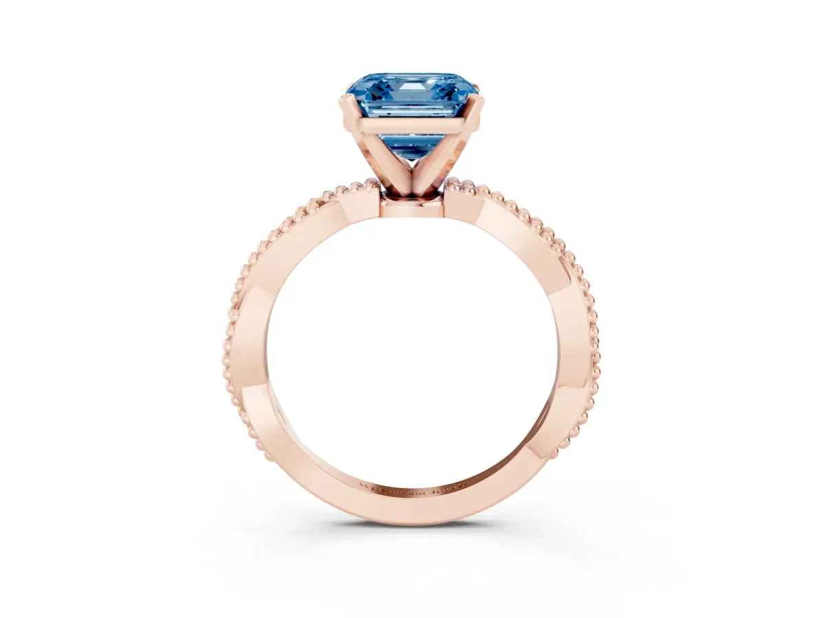 Fancy Blue Asscher Cut Solitaire Twisted Band with Bead Prong Setting Rose gold