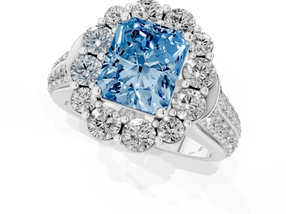 Fancy Blue Radiant Cut Halo Diamond Engagement Ring with Split Shank and Prong Setting Silver