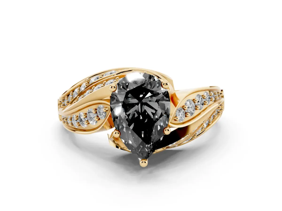 Fancy Black Pear Cut Diamond Solitaire Ring with Prong Setting and Twisted Pavé Band Yellow gold