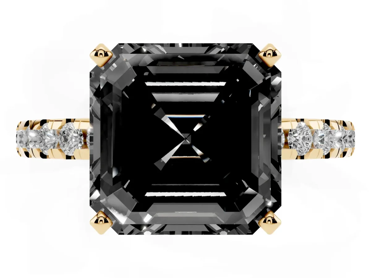 Fancy Black Asscher Cut Diamond Solitaire Ring with Round Pavé Band and Four-Prong Setting Yellow gold