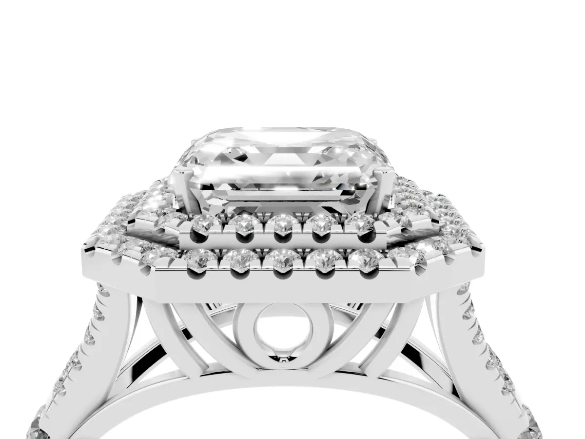Asscher Cut Diamond Pavé Split Shank Double Halo Engagement Ring Silver