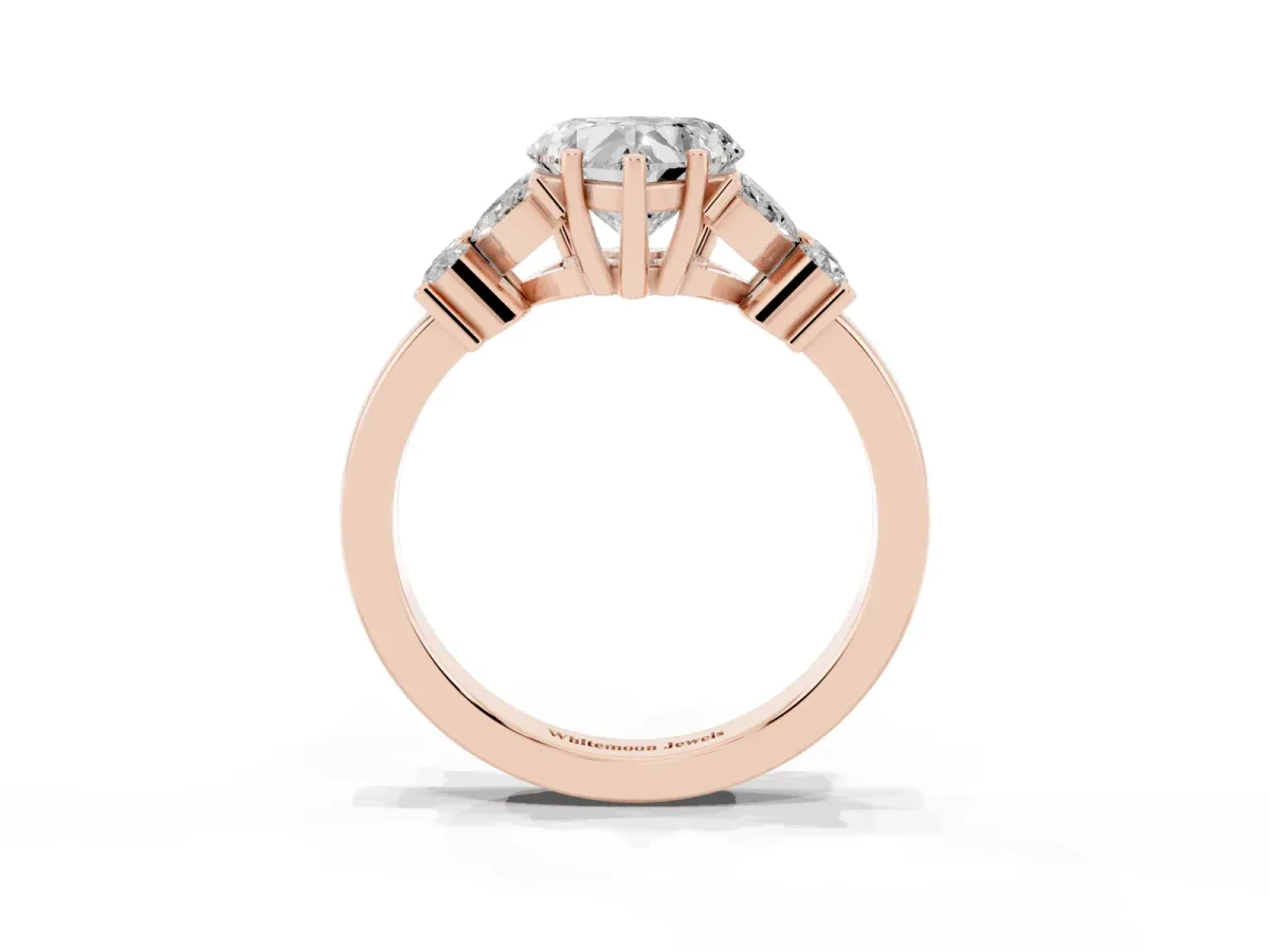 Heart Cut Diamond Floral Cluster Ring with Solitaire Band and Prong Setting Rose gold