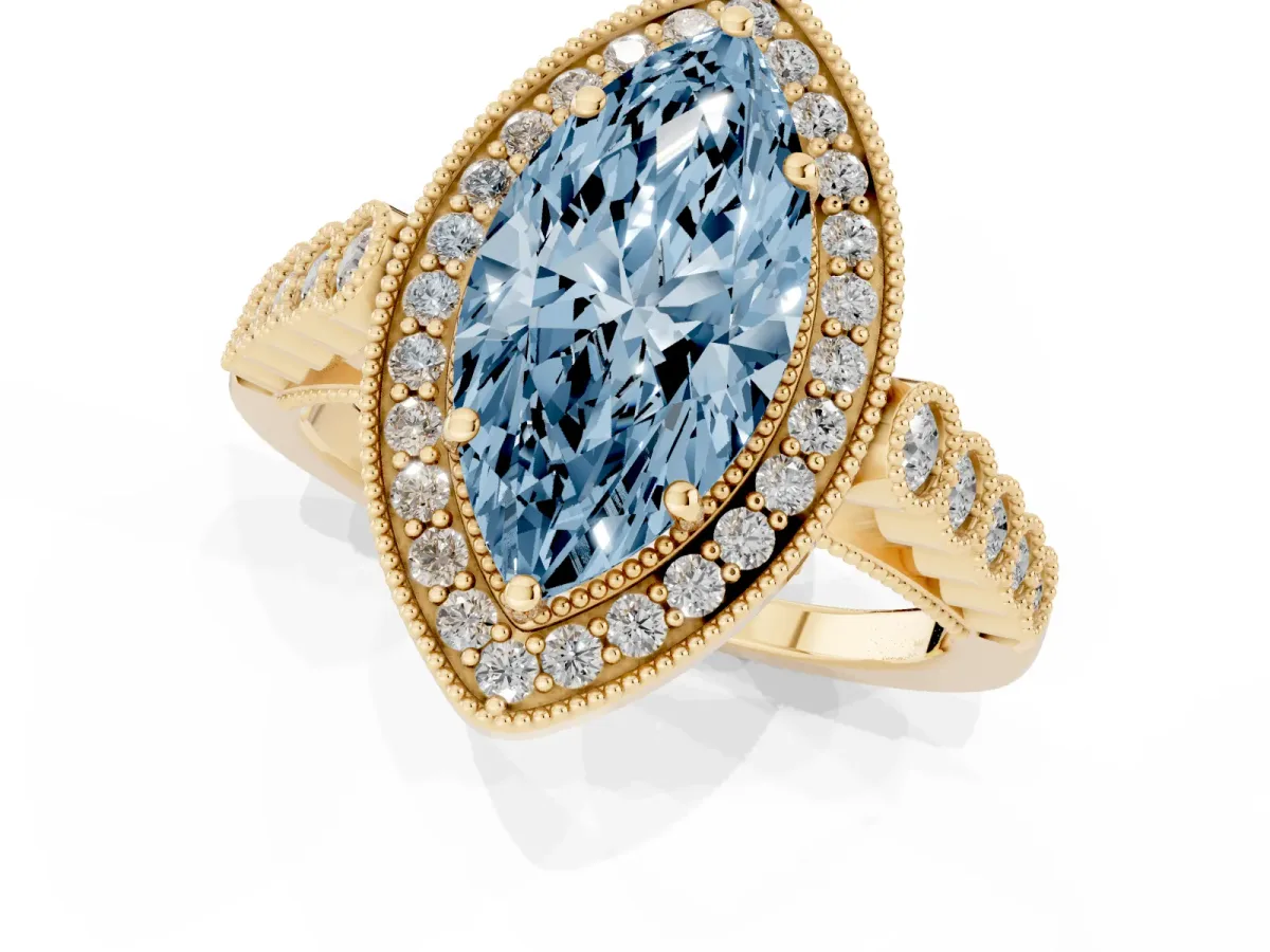 Fancy Blue Marquise Cut Halo Milgrain Solitaire with Bezel Set Side Stones and Pave Band Yellow gold
