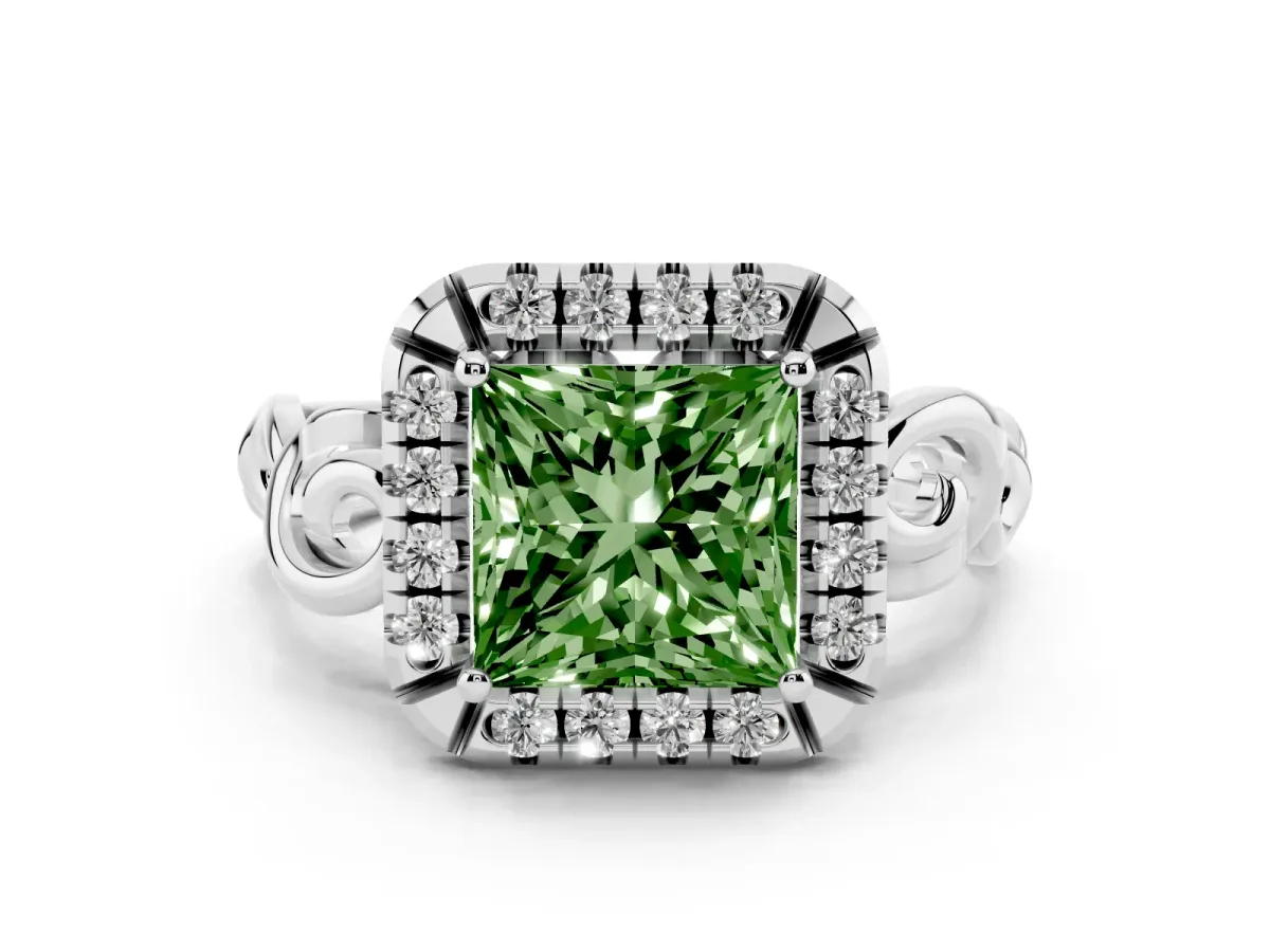 Fancy Green Princess Cut Cut Halo Diamond Ring with Scrollwork Band and Four-Prong Setting Silver