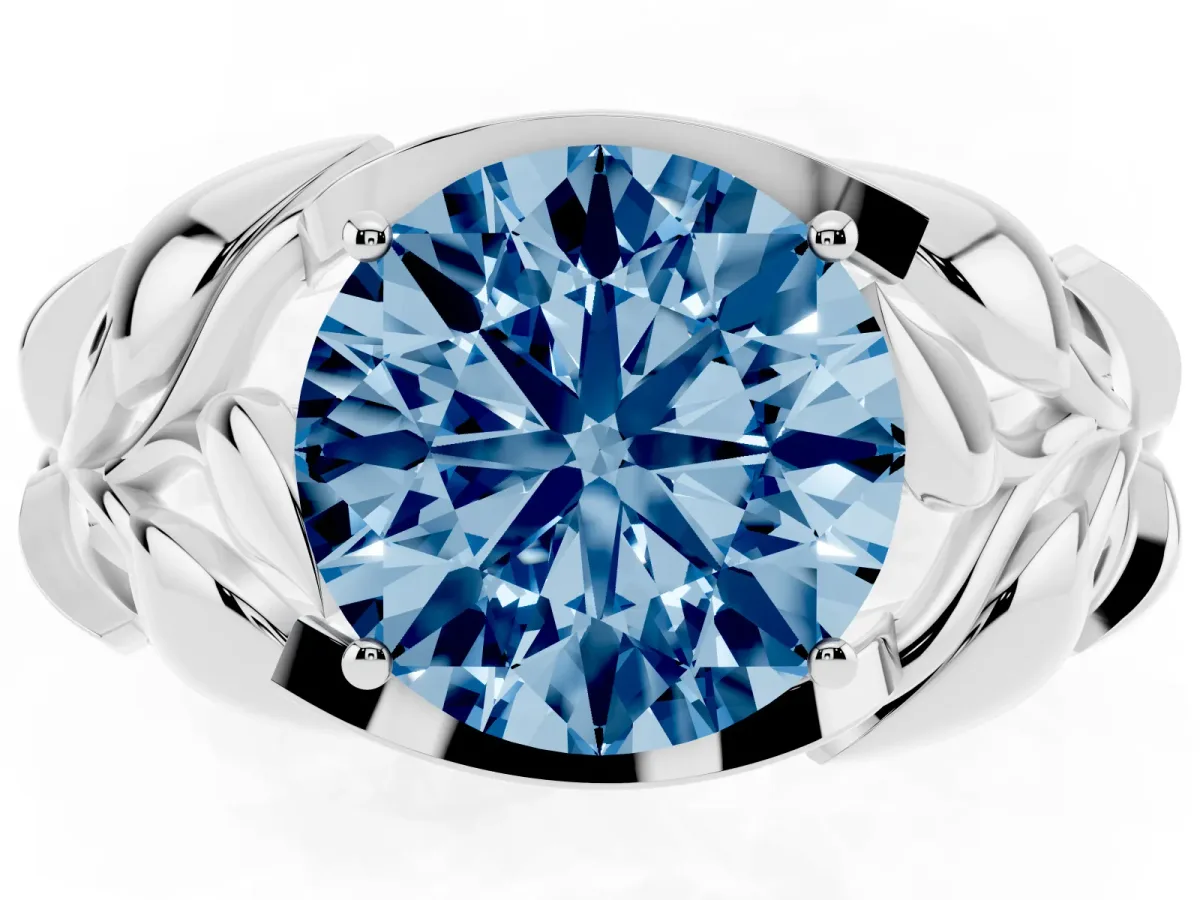 Fancy Blue Round Cut Diamond Leaf-Inspired Engagement Ring with Round Accents and Prong Setting Silver