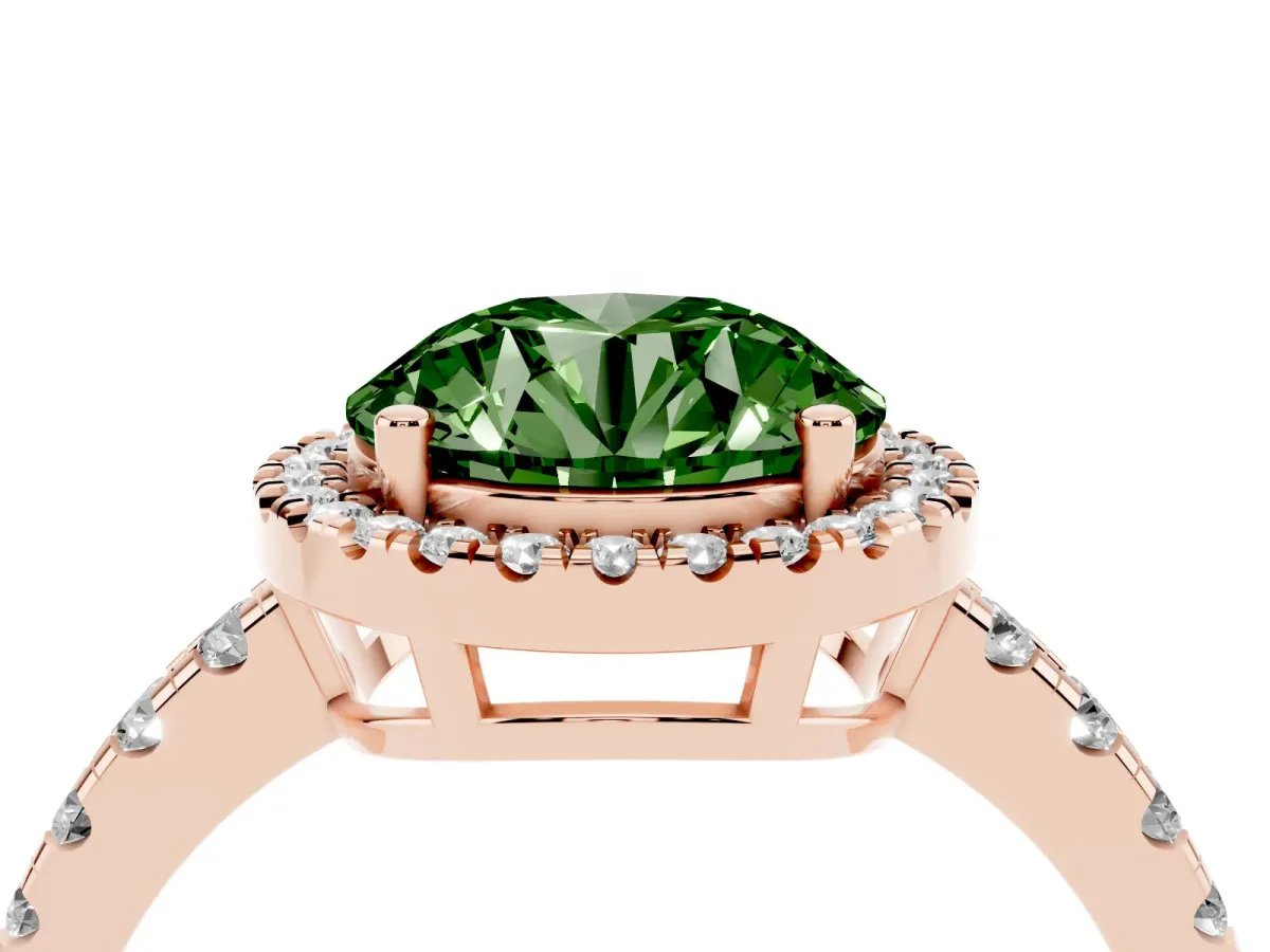 Fancy Green Round Cut Diamond Halo Ring with Pavé Band and Four-Prong Setting Rose gold