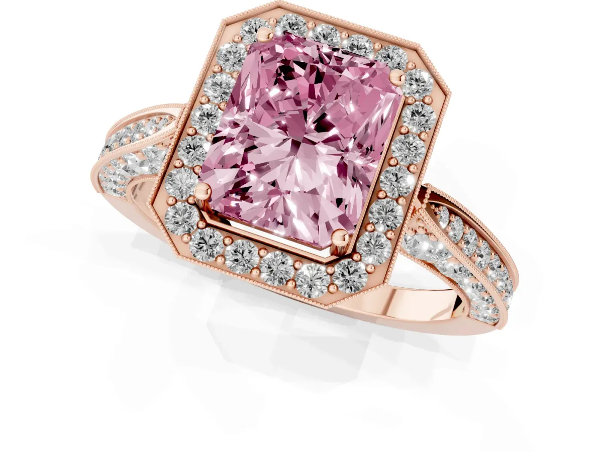 Fancy Pink Radiant Cut Halo Diamond Engagement Ring with Split Shank Band and Four-Prong Setting Rose gold