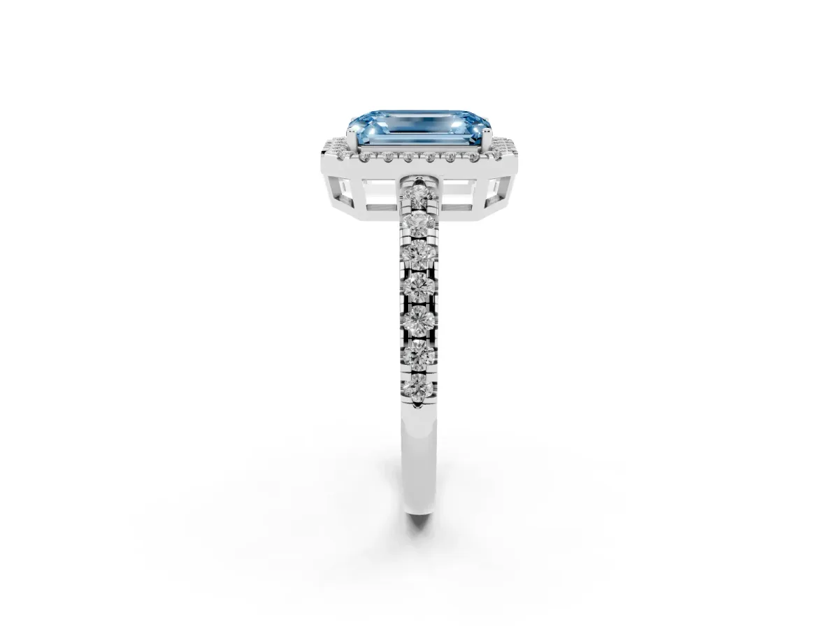 Fancy Blue Emerald Cut Diamond Halo Ring with Pavé Band and Four-Prong Setting White gold