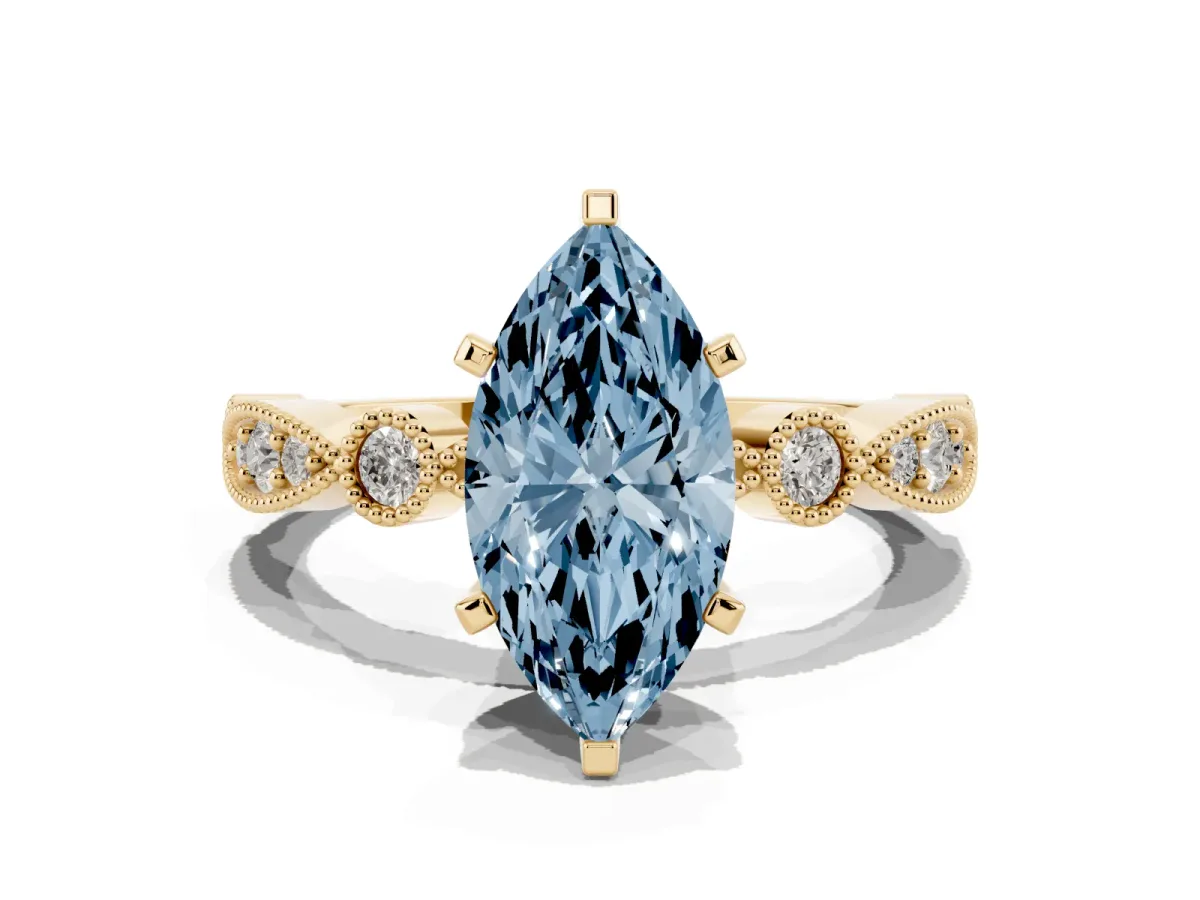 Fancy Blue Marquise Cut Milgrain Bezel Diamond Engagement Ring with Solitaire Prong Setting Yellow gold