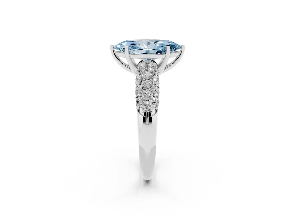 Fancy Blue Marquise Cut Diamond Pavé Band Solitaire Ring with Four-Prong Setting Silver