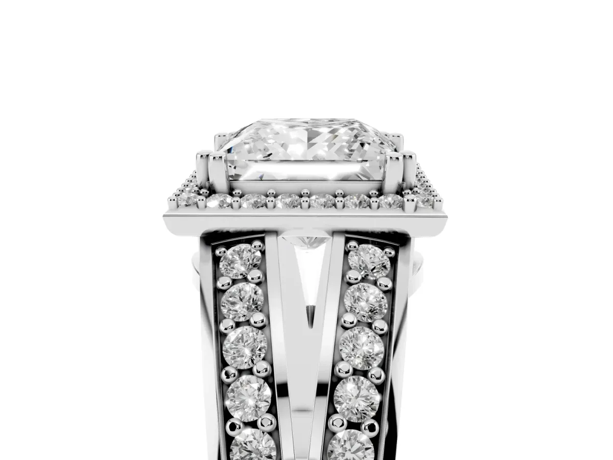 Princess Cut Diamond Halo Ring with Split Shank Pavé Band and Four-Prong Setting White gold