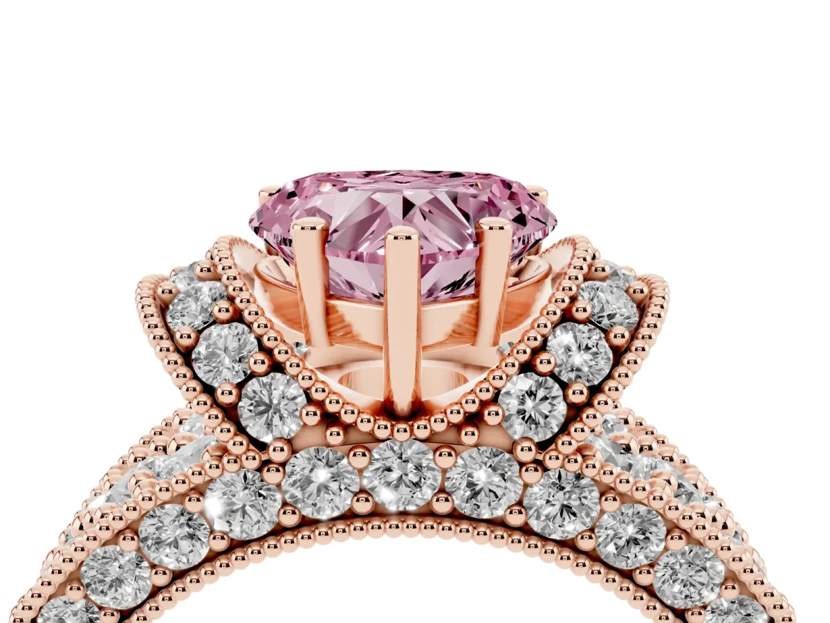 Fancy Pink Heart Cut Halo Pave Diamond Engagement Ring with Milgrain Detailing Rose gold