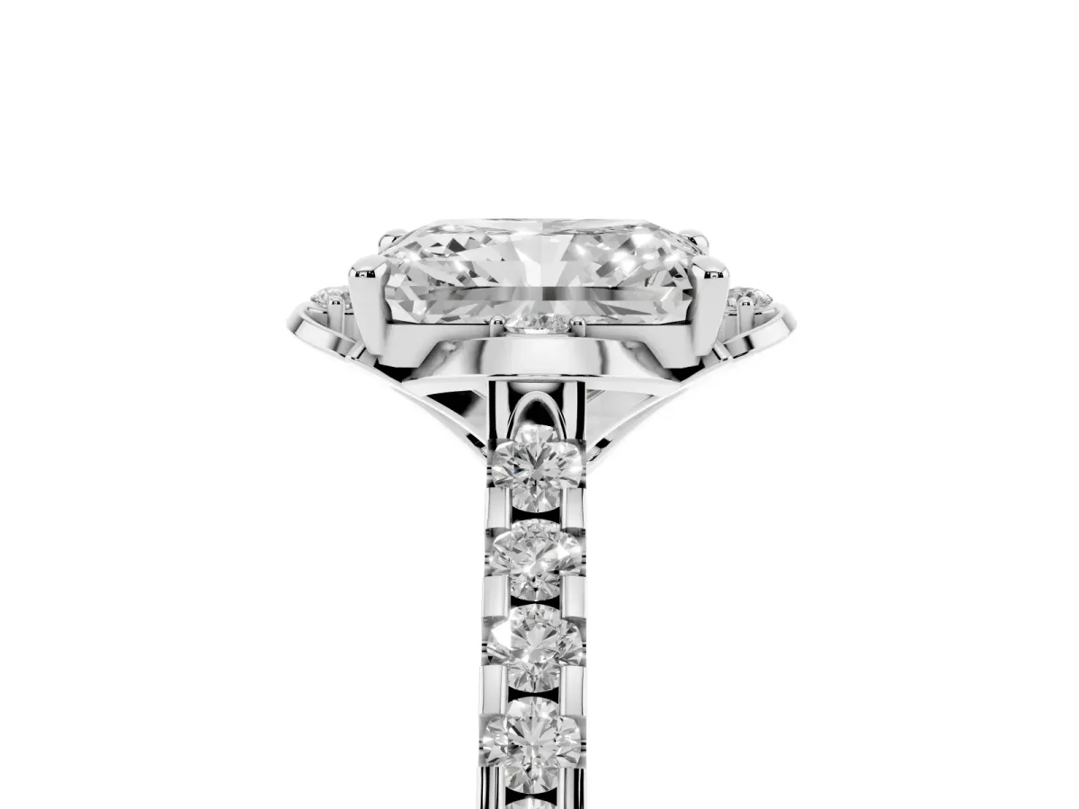 Radiant Cut Diamond Ring with Pavé Band and Floral Prong Setting Silver