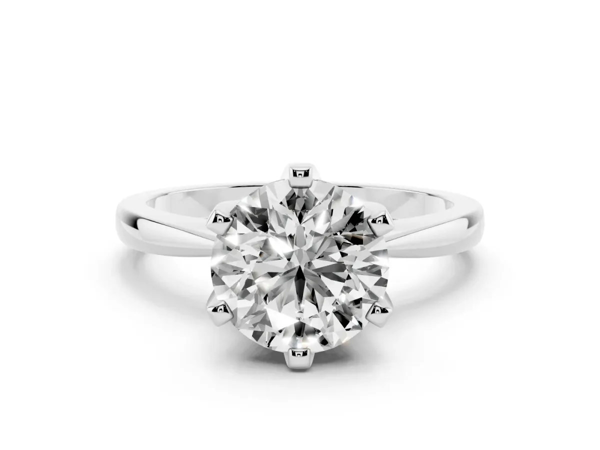 Round Cut Solitaire Engagement Ring with Six-Prong Setting and Tapered Band Platinum
