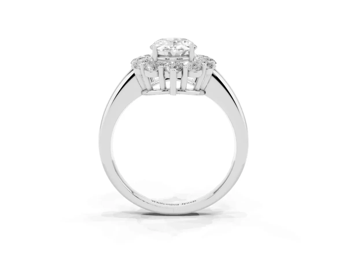 Oval Cut Halo Cluster Diamond Engagement Ring with Prong Setting and Polished Band Platinum