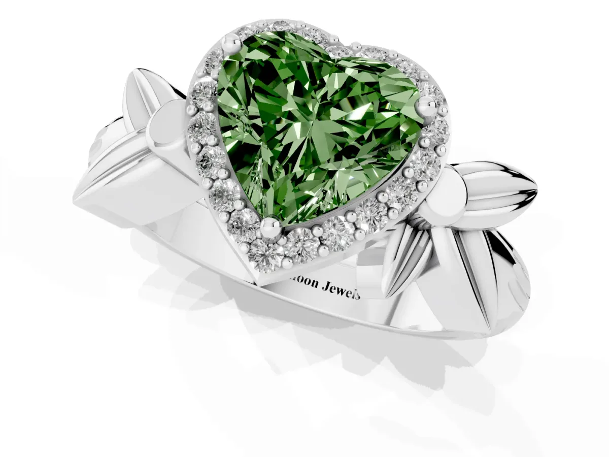 Fancy Green Heart Cut Halo Diamond Floral Band with Four-Prong Setting Silver