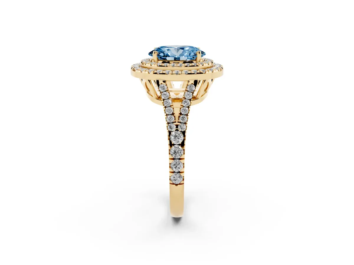 Fancy Blue Oval Cut Diamond Double Halo Ring with Pavé Band and Prong Setting Yellow gold