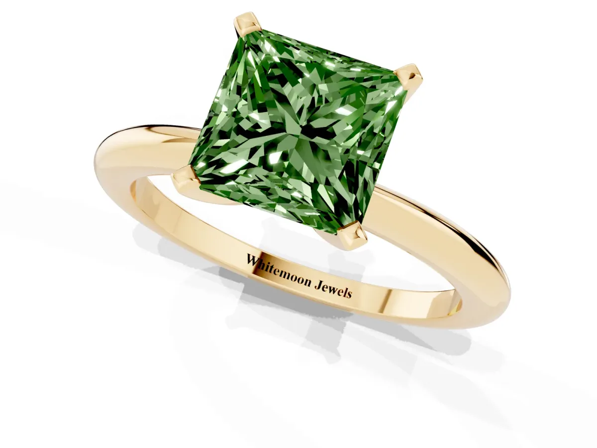 Fancy Green Princess Cut Diamond Solitaire Ring with Prong Setting and Classic Band Yellow gold