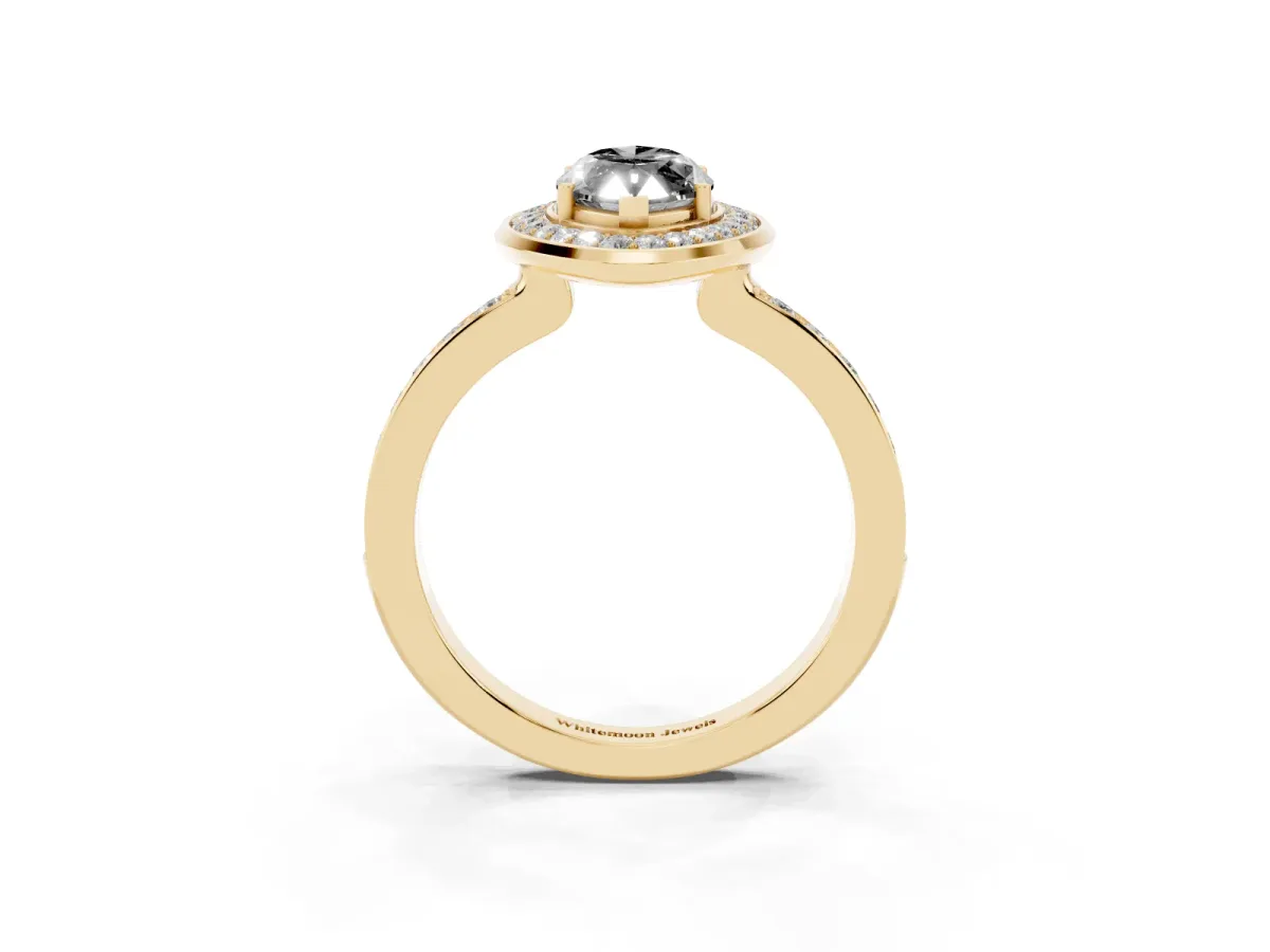 Fancy Black Marquise Cut Diamond Halo Ring with Bezel Frame and Pavé Band Yellow gold