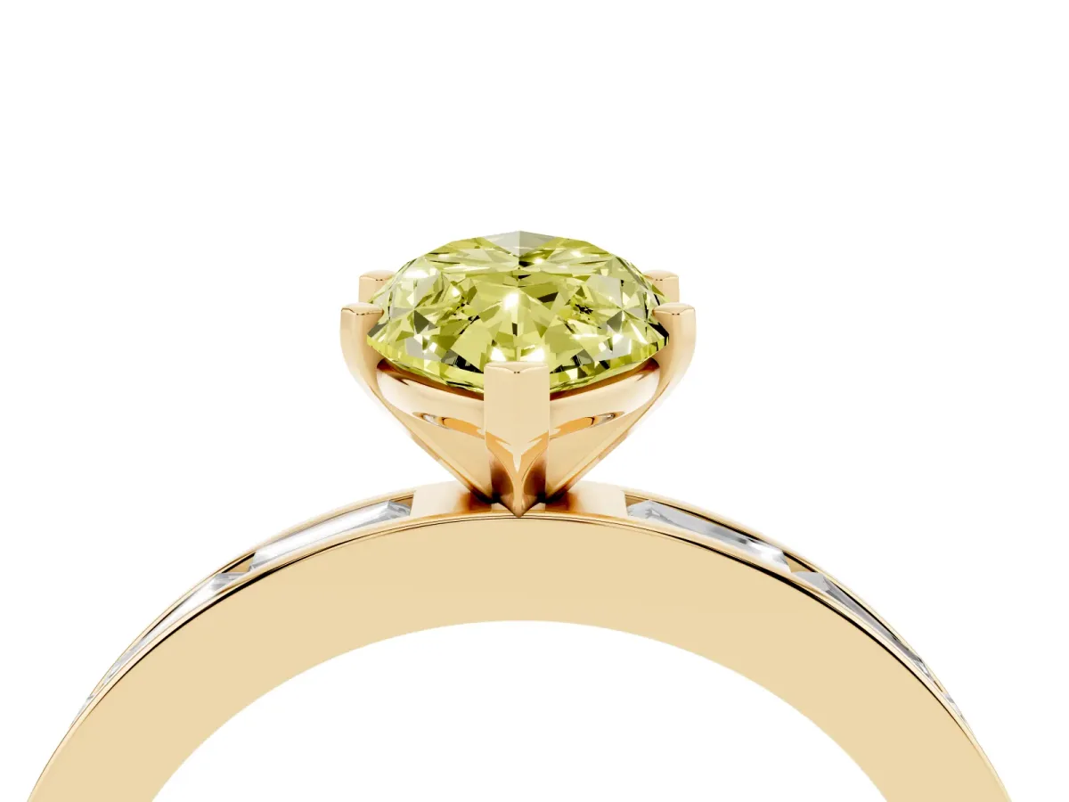 Fancy Yellow Marquise Cut Solitaire Diamond Ring with Channel-Set Baguette Band and Four-Prong Setting Yellow gold