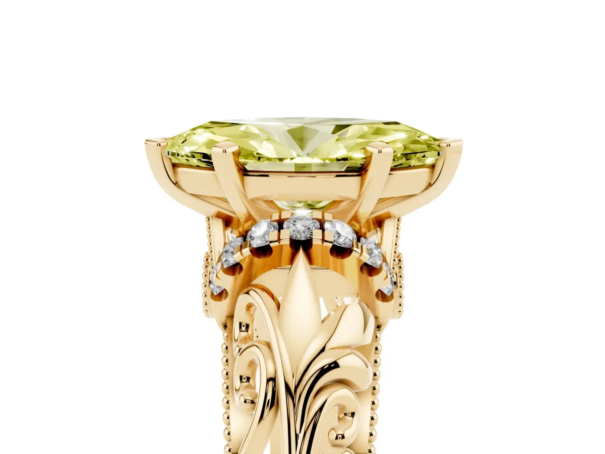 Fancy Yellow Marquise Cut Solitaire Filigree Engagement Ring with Halo and Prong Setting Yellow gold