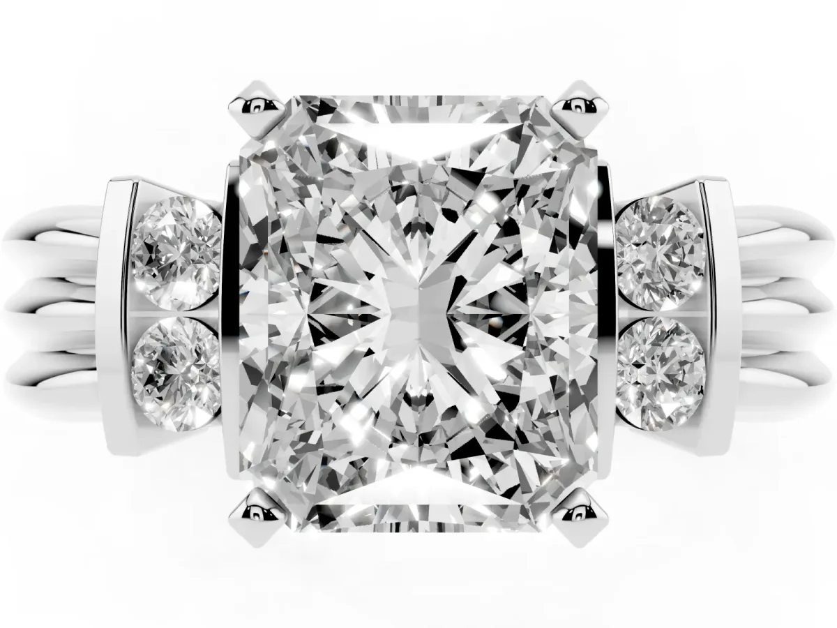 Radiant Cut Cut Three-Stone Channel Set Ring with Bar Prongs Silver