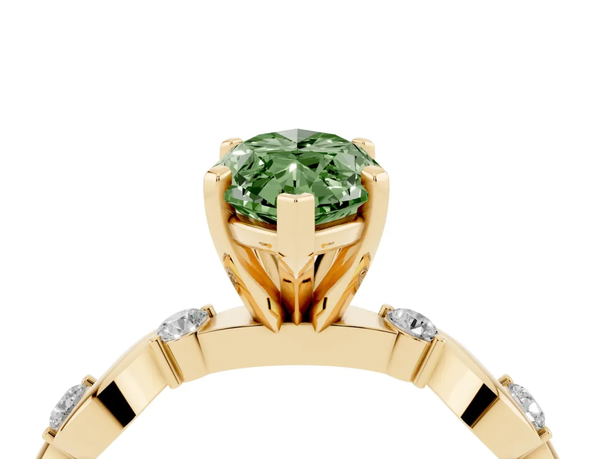 Fancy Green Marquise Cut Diamond Solitaire Twisted Band with Round Accents and Prong Setting Yellow gold