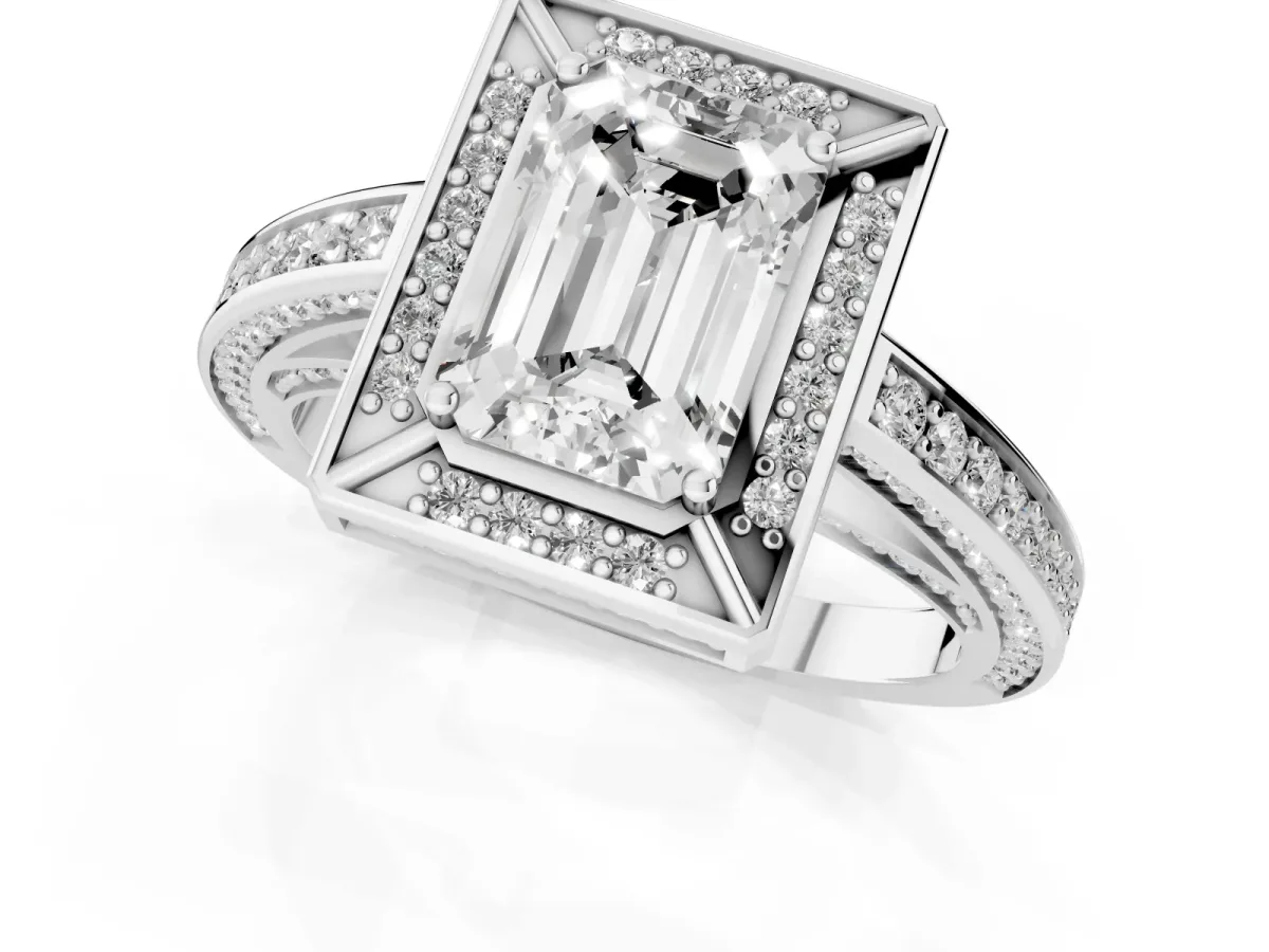 Emerald Cut Cut Halo Pave Split Shank Prong Setting Ring Silver