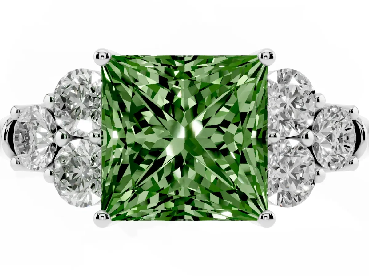 Fancy Green Princess Cut Cut Diamond Cluster Ring with Round Accent Stones and Prong Setting on a Classic Band White gold