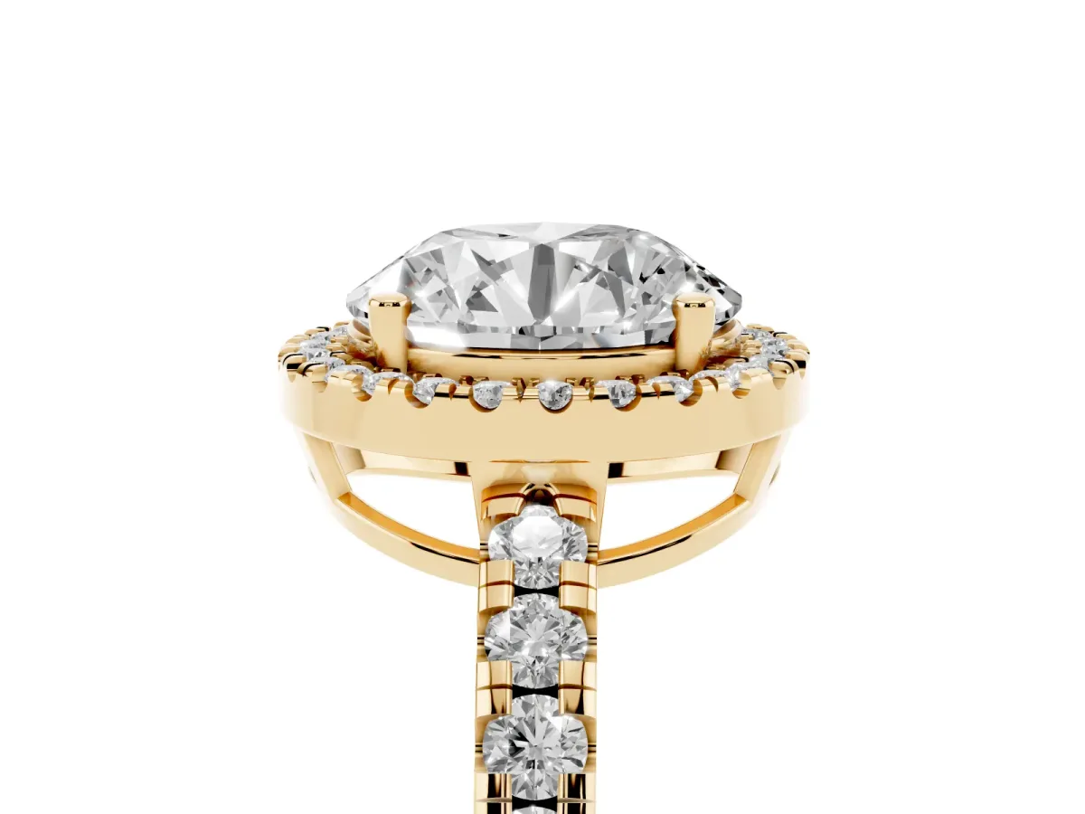 Round Cut Diamond Halo Ring with Pavé Band and Four-Prong Setting Yellow gold