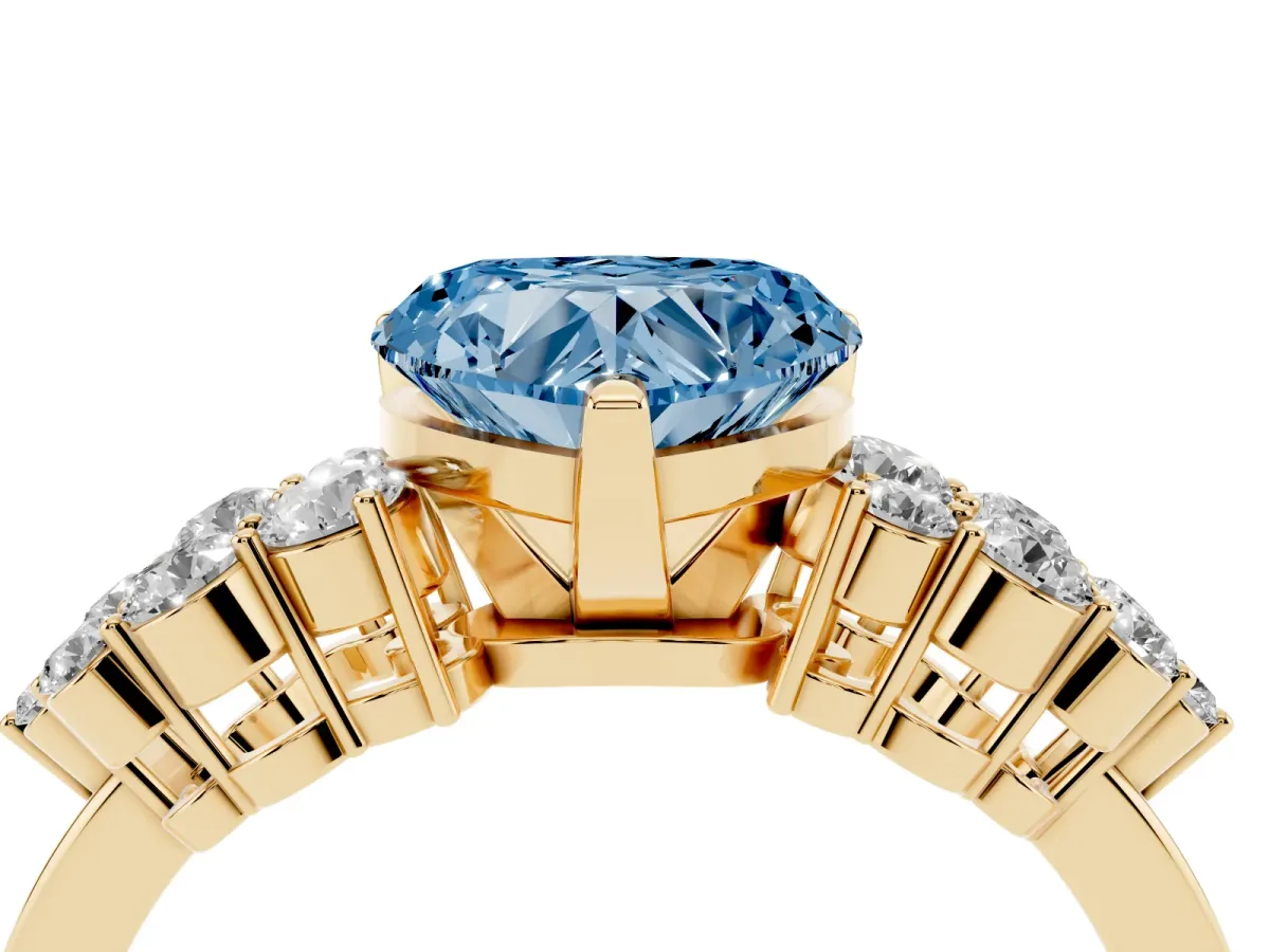 Fancy Blue Heart Cut Cluster Diamond Engagement Ring with Pavé Band and Four-Prong Setting Yellow gold