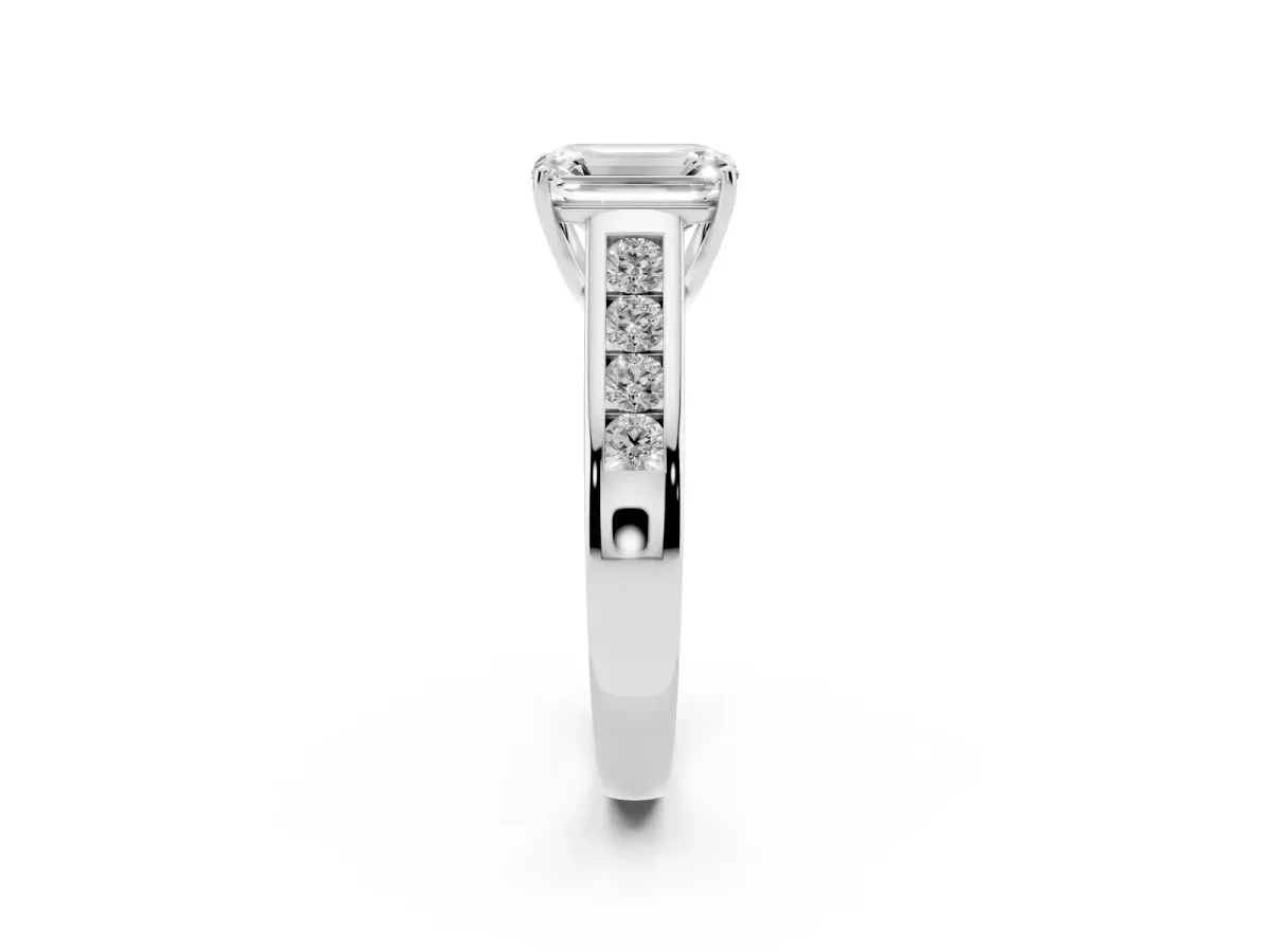 Emerald Cut Solitaire Channel-Set Diamond Engagement Ring with Four-Prong Setting Silver