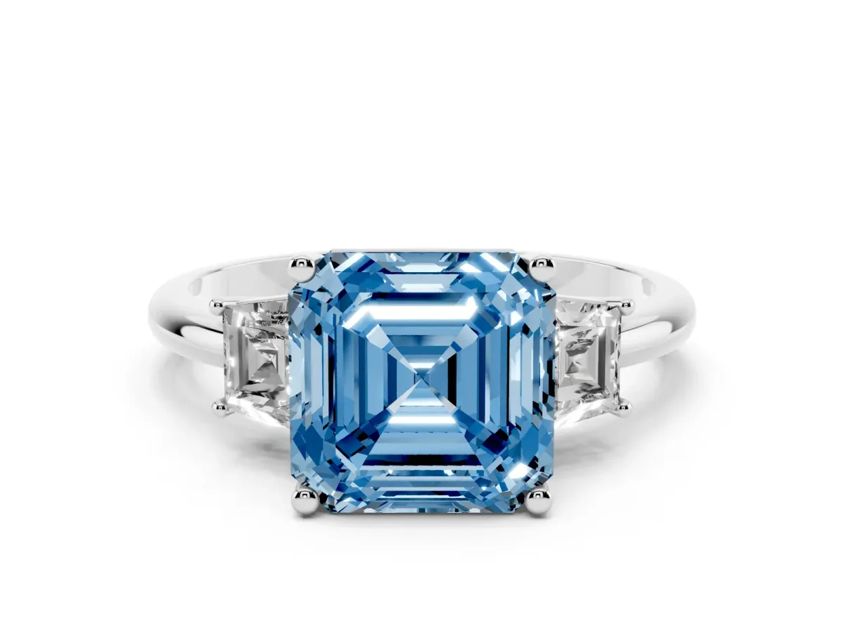 Fancy Blue Asscher Cut Diamond Three-Stone Ring with Trapezoid Side Stones and Prong Setting Platinum