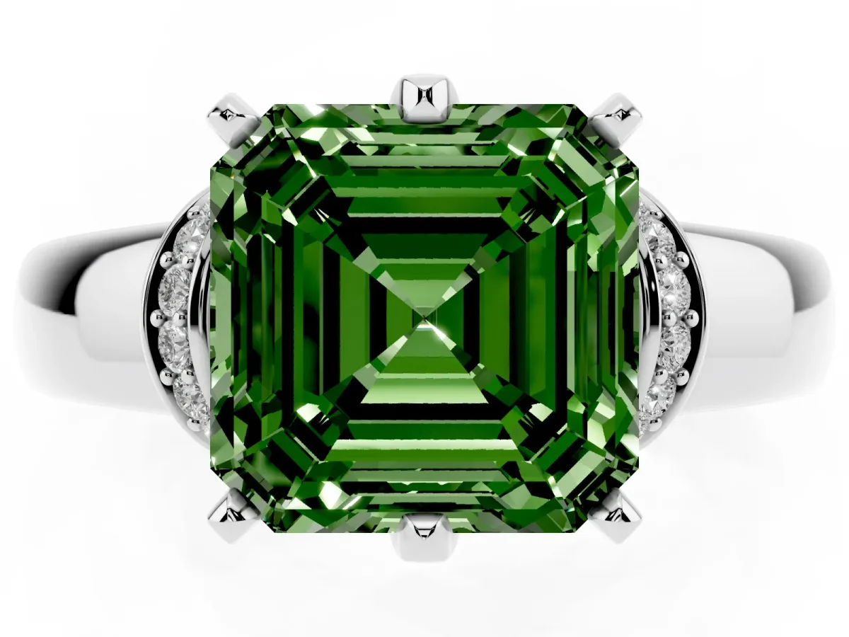 Fancy Green Asscher Cut Solitaire Diamond Ring with Pave Band and Six-Prong Setting Platinum