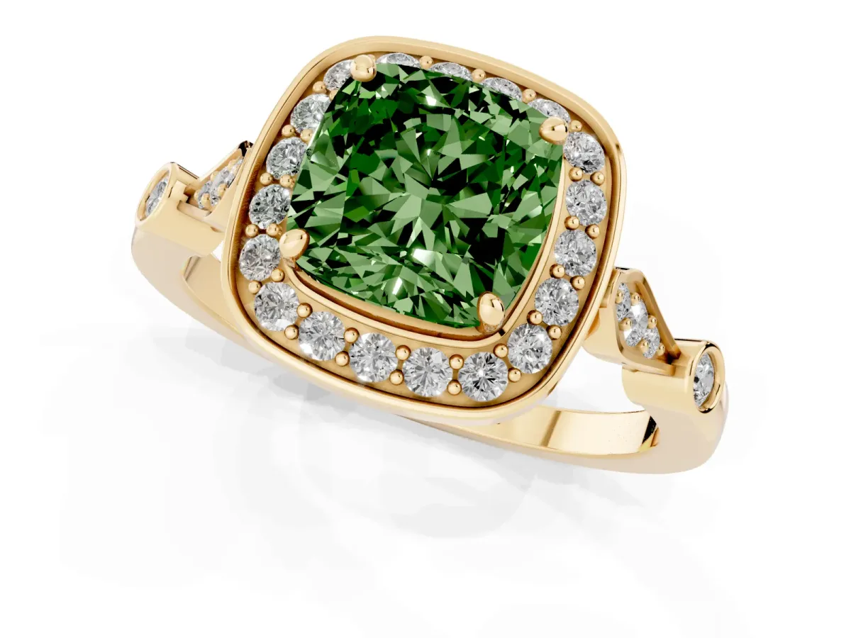 Fancy Green Cushion Cut Halo Diamond Engagement Ring with Twisted Band and Four-Prong Setting Yellow gold
