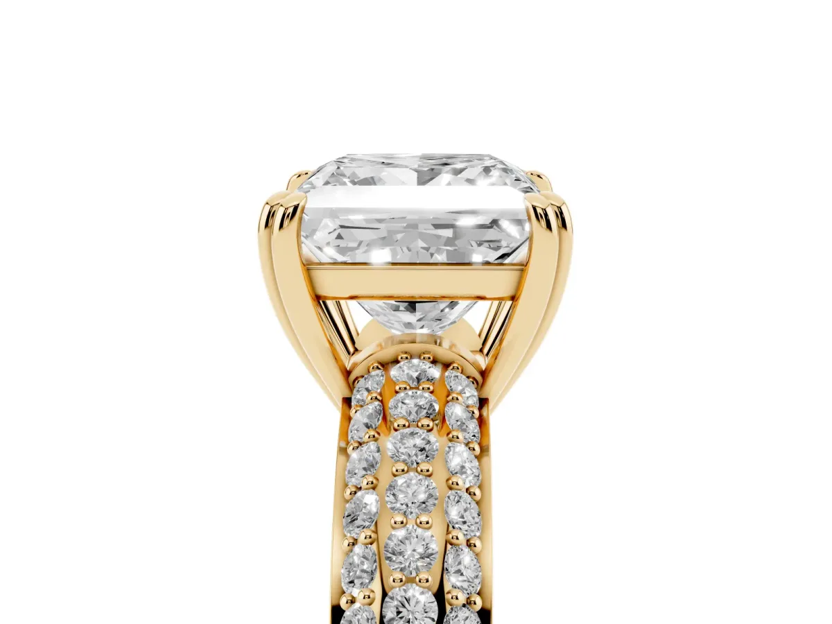 Princess Cut Diamond Solitaire Ring with Multi-Row Round Pavé Band and Prong Setting Yellow gold