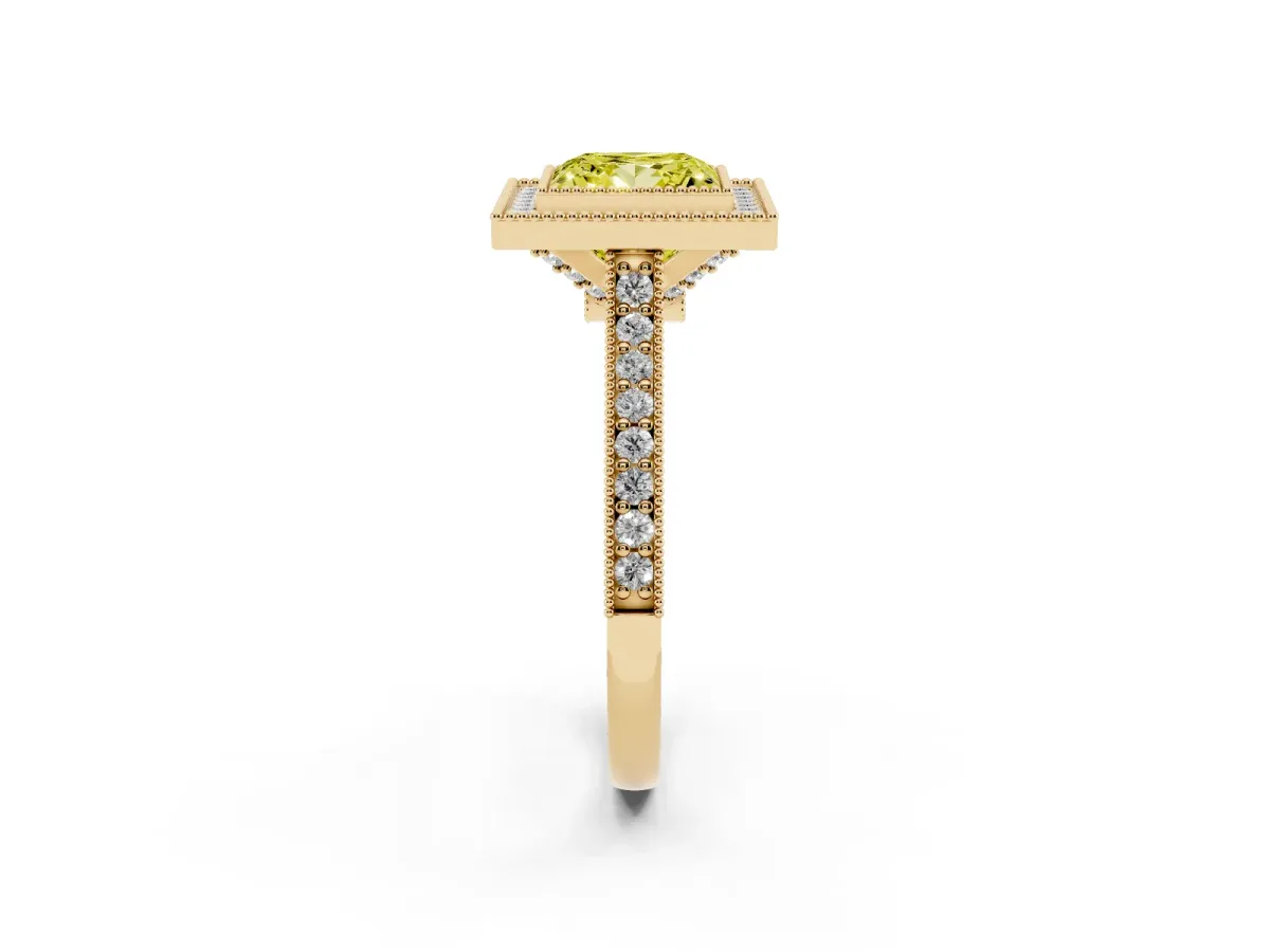 Fancy Yellow Halo Princess Cut-Cut Diamond Pave Band Milgrain Prong Setting Ring Yellow gold