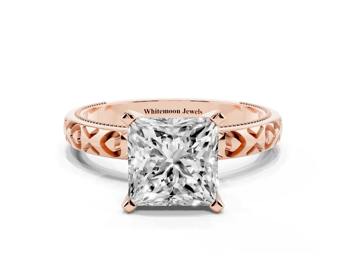 Princess Cut Solitaire Diamond Engagement Ring with XO Engraved Band and Four-Prong Setting Rose gold