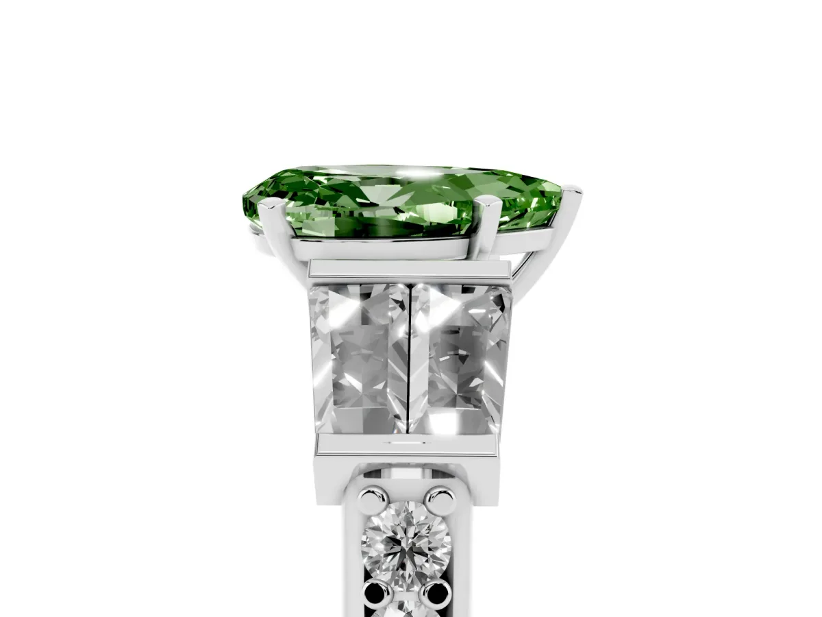 Fancy Green Pear Cut Diamond Engagement Ring with Baguette Side Stones and Channel Set Band Silver