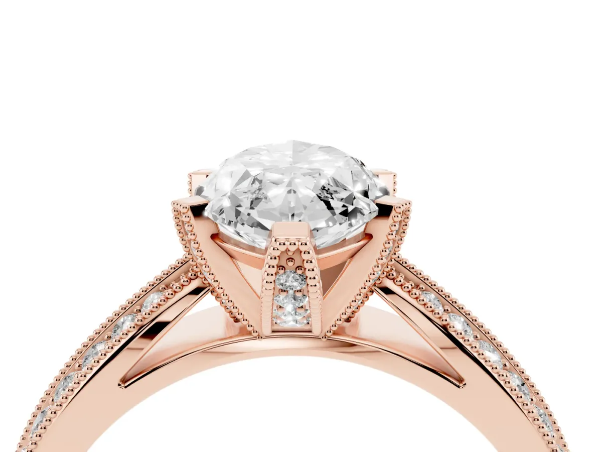 Marquise Cut Diamond Solitaire Ring with Milgrain Round Pavé Band and Prong Setting Rose gold