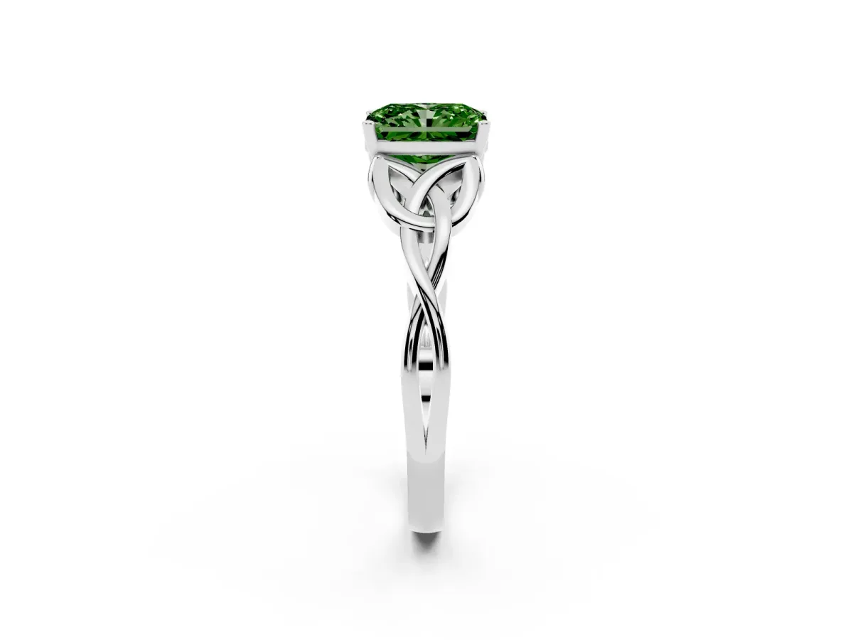 Fancy Green Radiant Cut Diamond Solitaire Engagement Ring with Celtic Knot Band and Four-Prong Setting Platinum