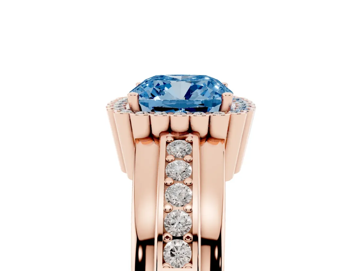 Fancy Blue Cushion Cut Cut Halo Pave Band Four-Prong Ring Rose gold