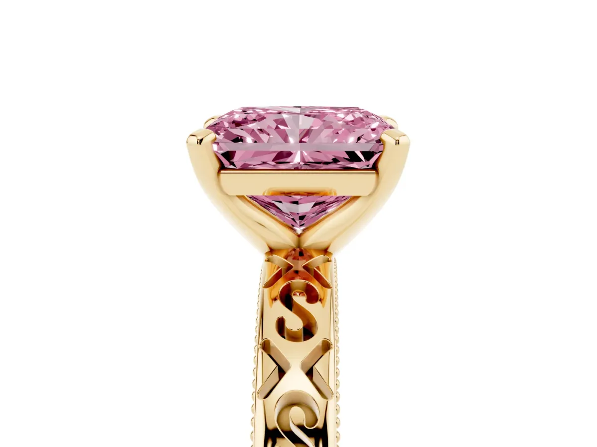 Fancy Pink Radiant Cut Solitaire Engagement Ring with Scrollwork Band and Four-Prong Setting Yellow gold