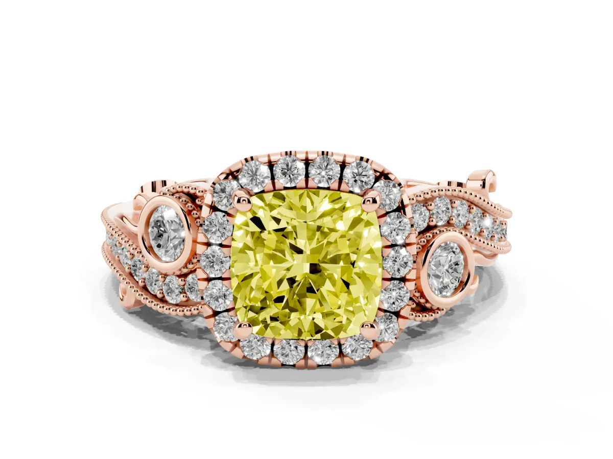 Fancy Yellow Cushion Cut Halo Diamond Ring with Milgrain and Bezel Accents on a Split Shank Band Rose gold