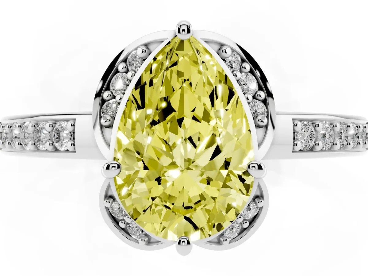 Fancy Yellow Pear Cut Cut Halo Diamond Ring with Channel Set Band and Four-Prong Setting White gold