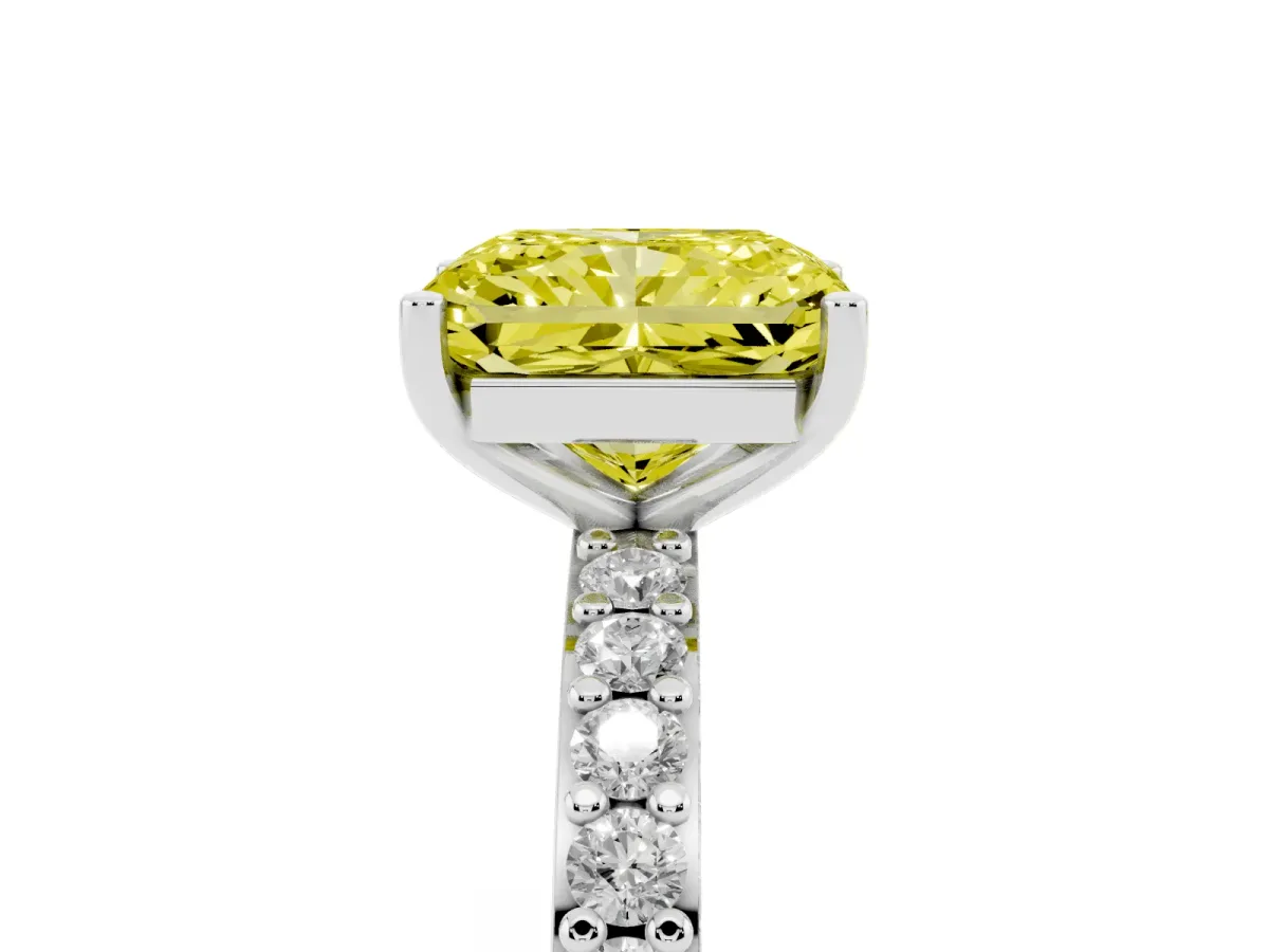 Fancy Yellow Radiant Cut Cut Diamond Solitaire with Pave Band and Four-Prong Setting Platinum