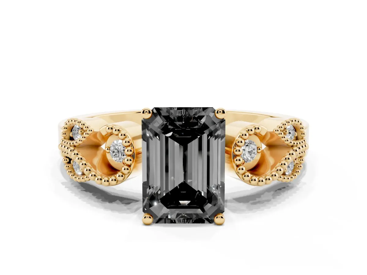 Fancy Black Emerald Cut Solitaire Milgrain Leaf Band with Prong Setting Yellow gold