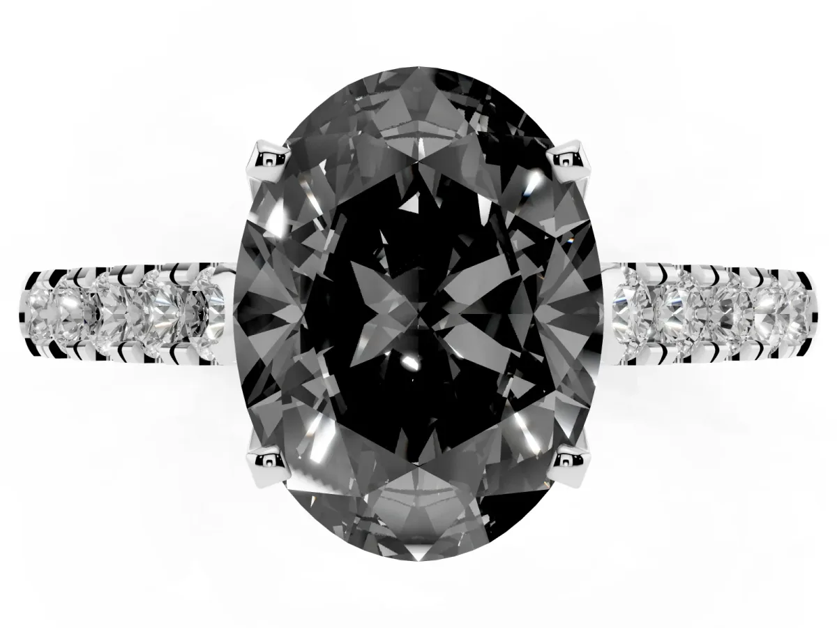 Fancy Black Oval Cut Diamond Pavé Band Solitaire Ring with Prong Setting Silver